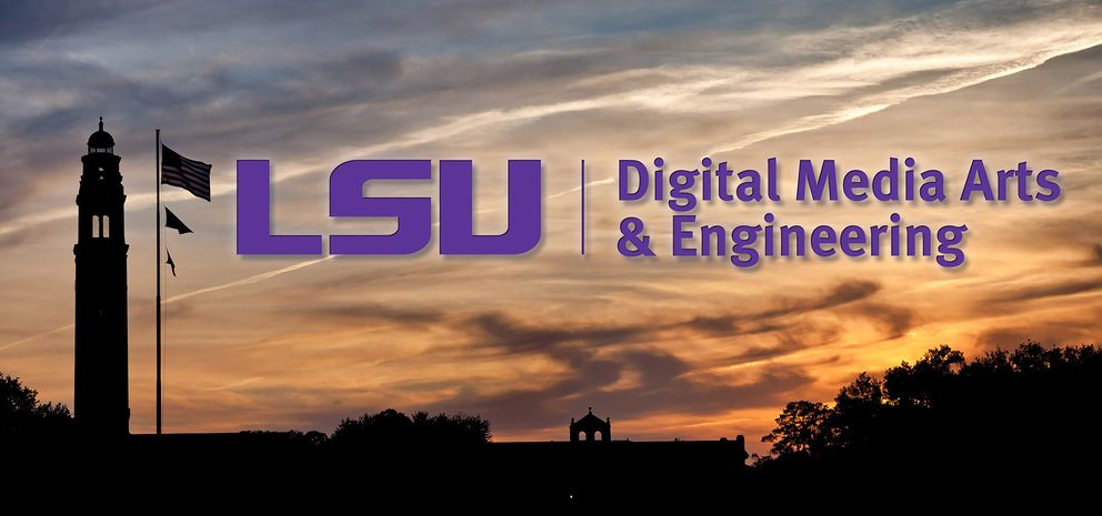 LSU tower at sunset with logo