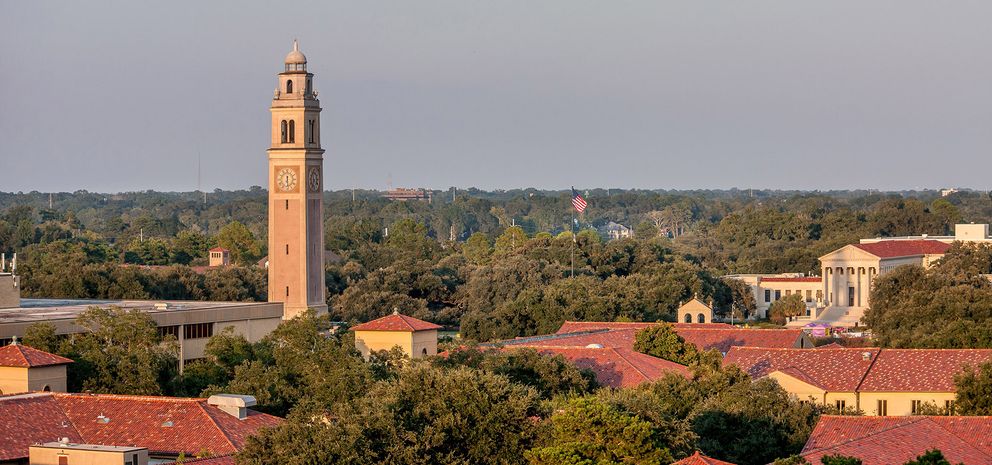 LSU Memorial Tower at sundown