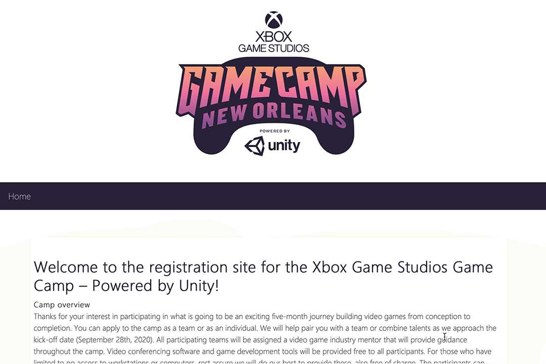 Xbox Game Studios Game Camp New Orleans Powered by Unity 2020 - 2021 