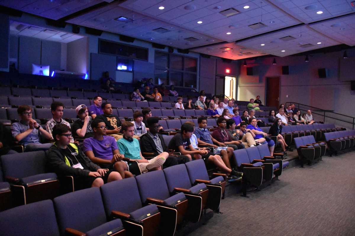 Gamecrash 2016 summer camp final presentation in school theater in front of family and friends