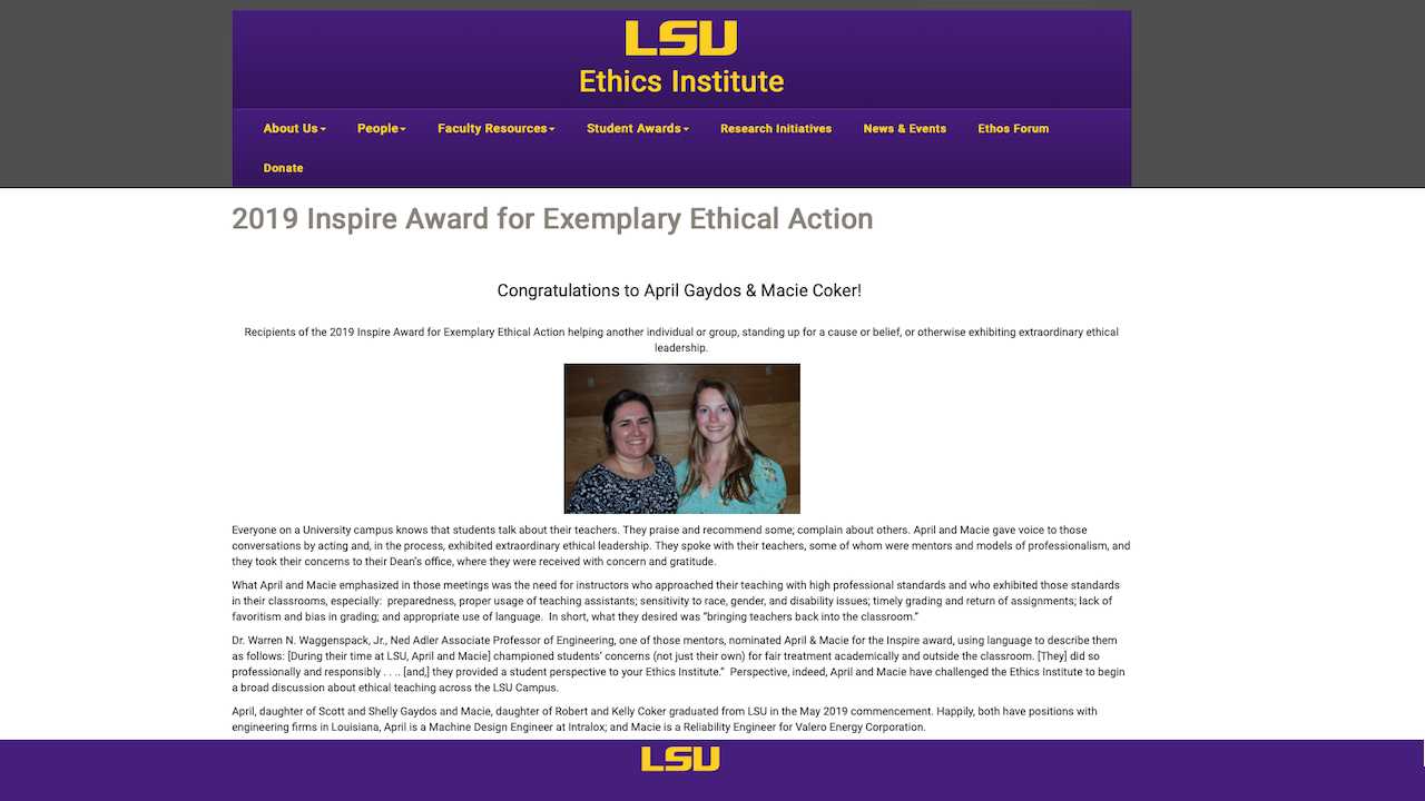 LSU Ethics Inspire Awards news story